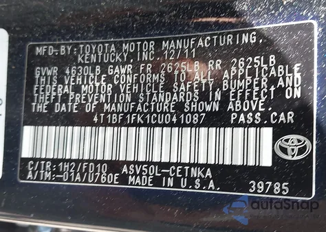2012 Toyota Camry Le from USA, damaged, VIN 4T1BF1FK1CU041087
